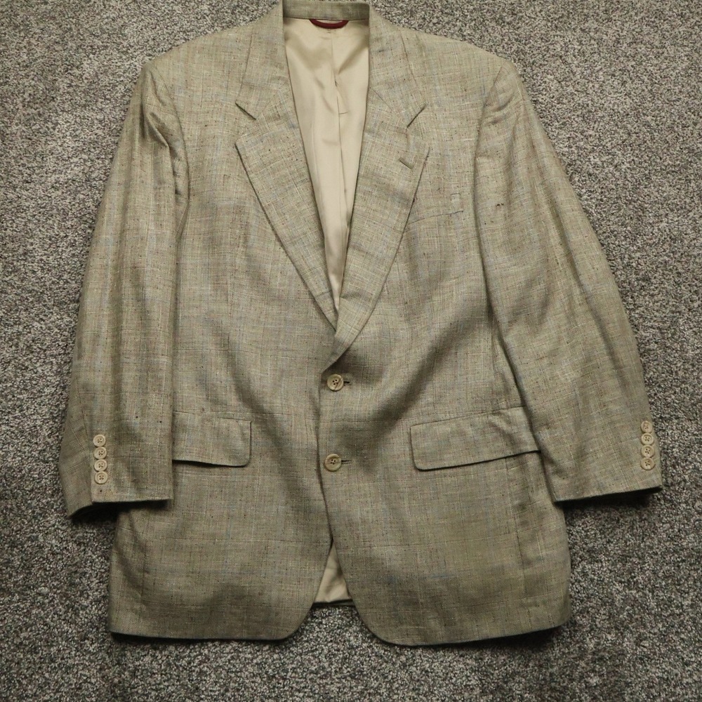 Hart Schaffner Marx Blazer Mens 40R Beige Plaid Wool Silk Sport Coat Classic Fit